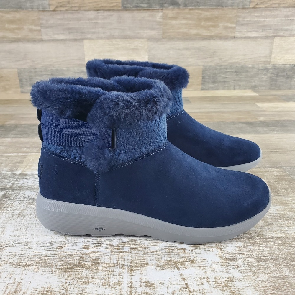 Skechers Womens On The Go City 2 Ankle Boots Sz 9.5 Navy Cozy Vibe Fur